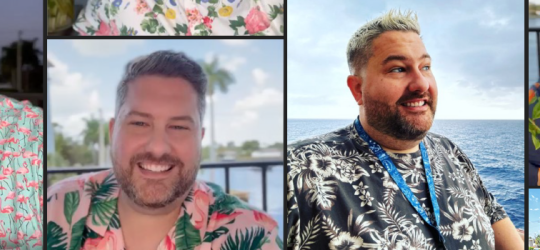 a collage of profile images of roger terry wearing brightly decorated shirts and smiling